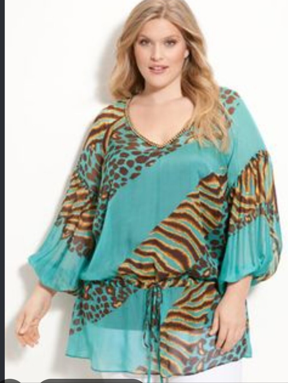 NWT Defect Alberto Makali Silk Tunic 2X Animal Print Top Beaded Turquoise Teal